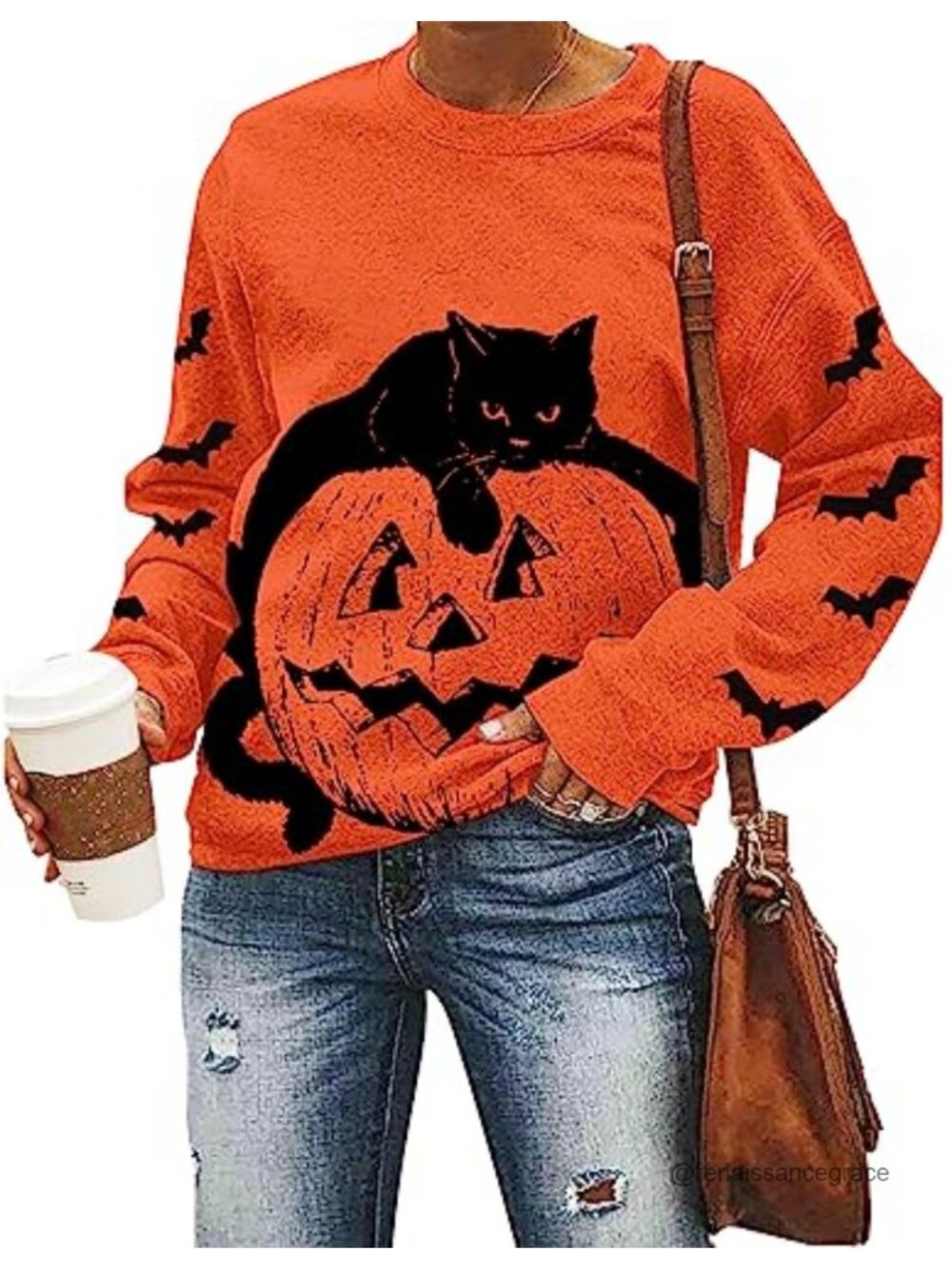 Black Cat Pumpkin Sweatshirt Womens Halloween Pullover Lightweight